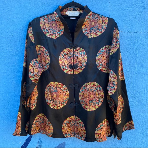 Vintage black silk blouse with asian designs frog buttons, Jade brand, Medium - Picture 1 of 11
